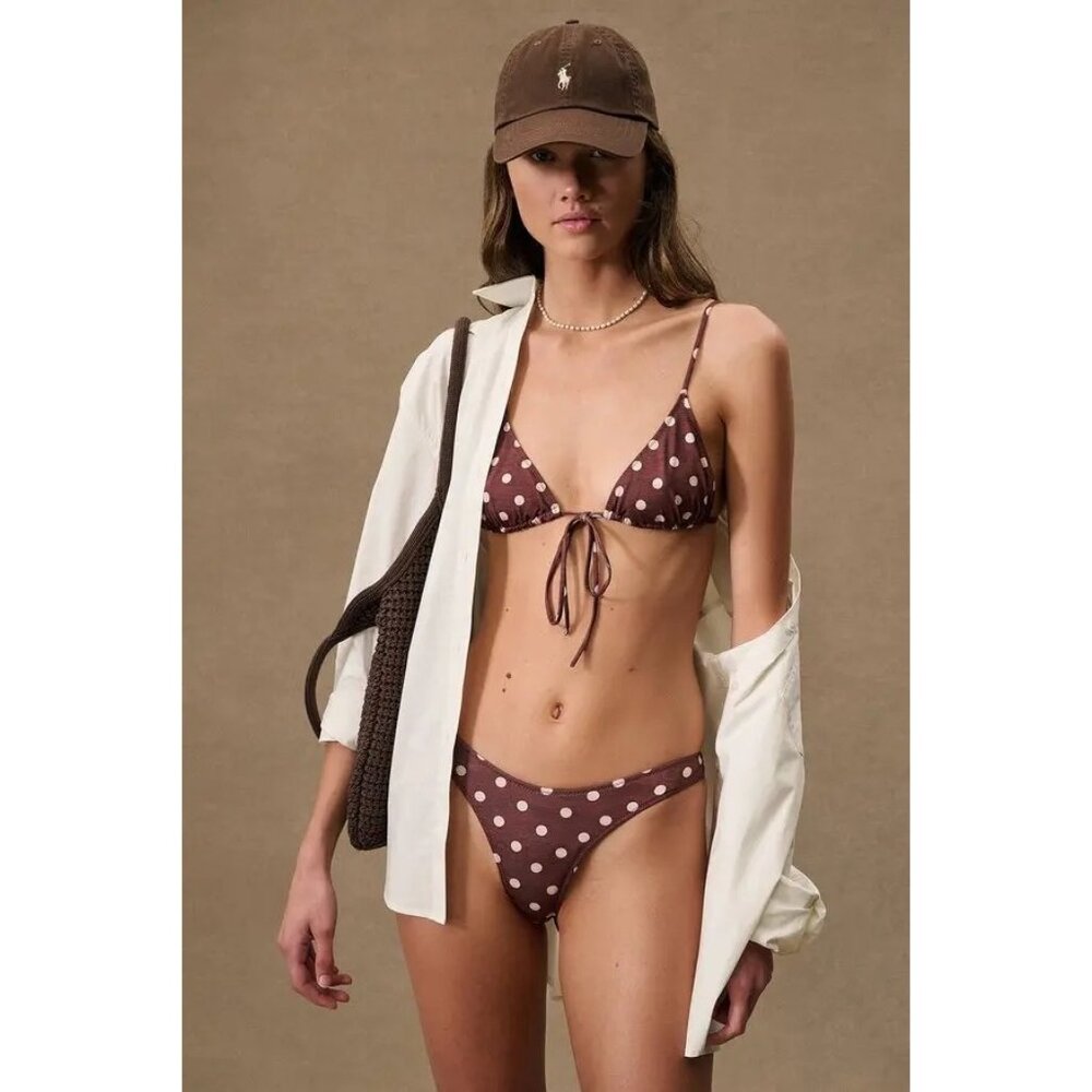 Heavy Manners Triangle Front Tie Bikini Top In Brown Cream Polka Dots - Picture 2 of 5